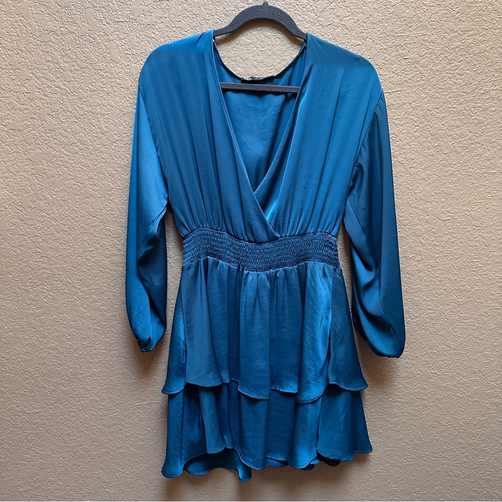 Zara Blue Wrap Blouse with Tiered Hem